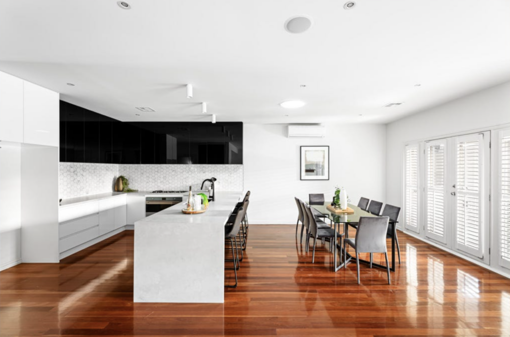 Contemporary kitchen renovation with dining area in family home Moonee Ponds, Melbourne